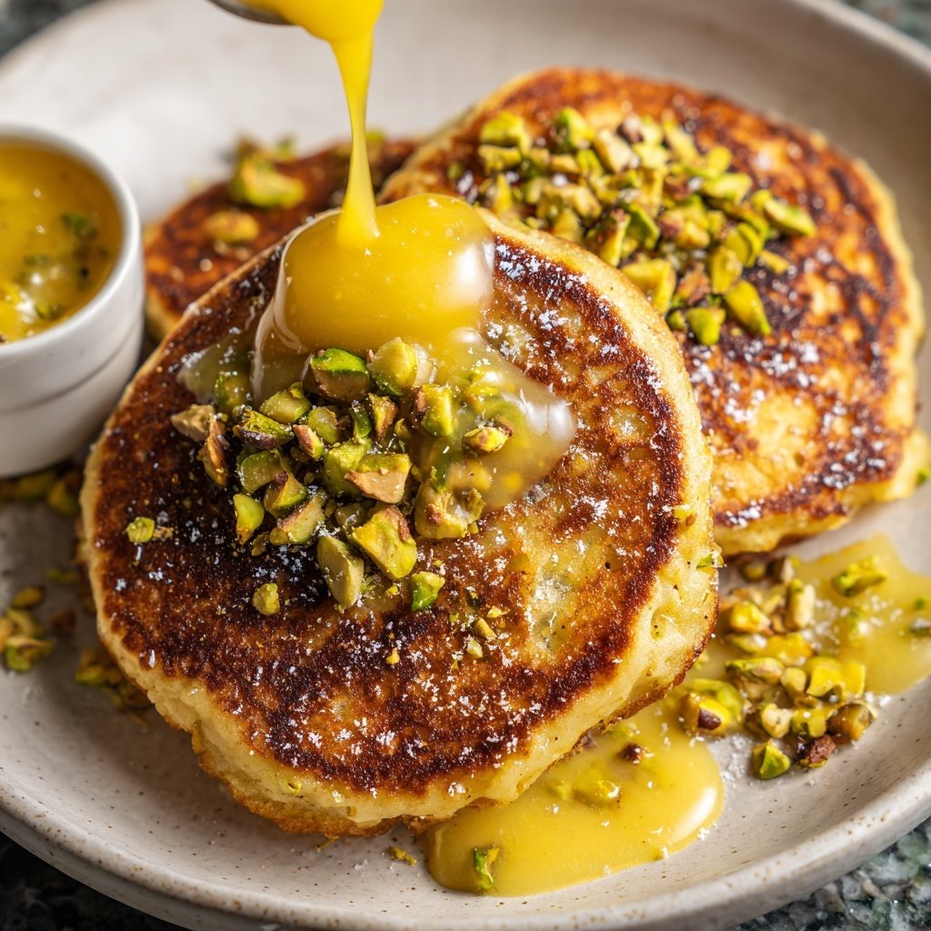 Ricotta Pancakes with Lemon Curd and Pistachios​